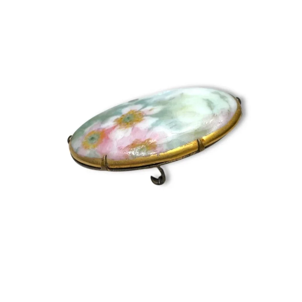 Antique Porcelain Cherry Blossom Brass Brooch - Picture 4 of 6